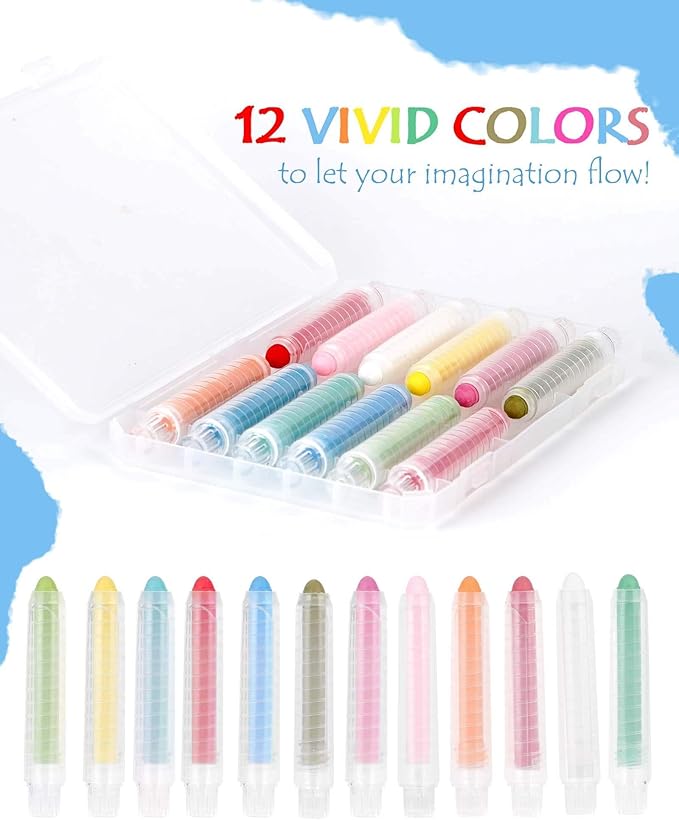 NewFamily Dustless Chalk for Kids, Colored Sidewalk Chalk With Holder,Non-Toxic Washable Toddlers Chalks Drawing Writing for Outdoor Art Play,Blackboard(12 Pcs)