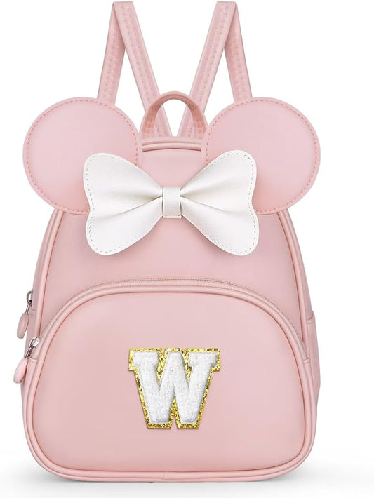 Bookbag for Girls Kids Toddler, Backpack for Teen Girl Kids Birthday Gifts, Kindergarten Backpack for Girls with Cute Bow, Initial Pink W
