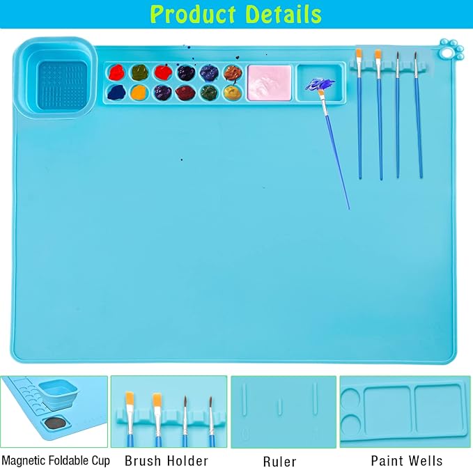 Painting Stations,Silicone Art Mat [1x Apron,1 Pair Oversleeve,20 Pieces Brushes] Painting Craft Mats 21"X17" with Detachable Cup for Resin for Kids Gift,Paint, Clay, DIY Projects
