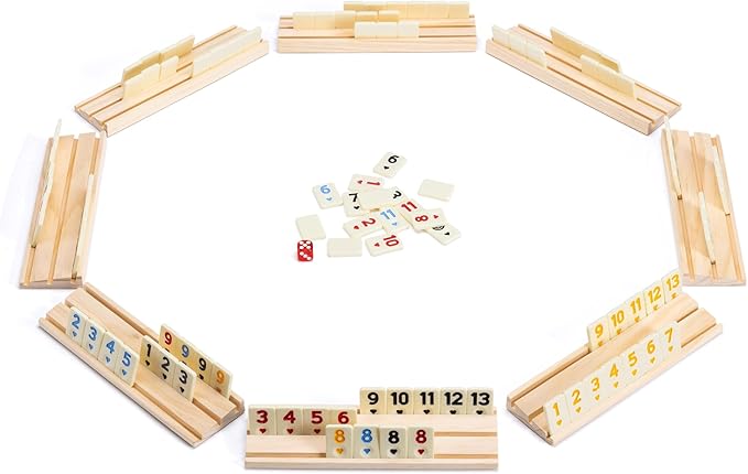 Upgraded Original Rummi with Case, 8 Players Rummy with 8 Wooden Trays and 214 Rumi Tiles, Classic and Funny Party Game