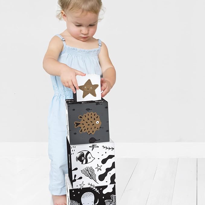 Wee Gallery Nesting Blocks, Stacking Toys for Toddlers and Kids, Educational Blocks with Numbers and Animal Illustrations for Motor Skills, Counting and Early Learning (Ages 2 & Up), Ocean Animals