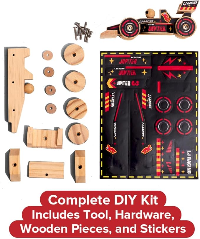 Little Jupiter DIY Wooden Kits w/Stickers - Kids Building- Stem Toys - Wood Crafts - Woodworking - Wood Project for Ages 4-7 Yrs (Open Wheel Car)