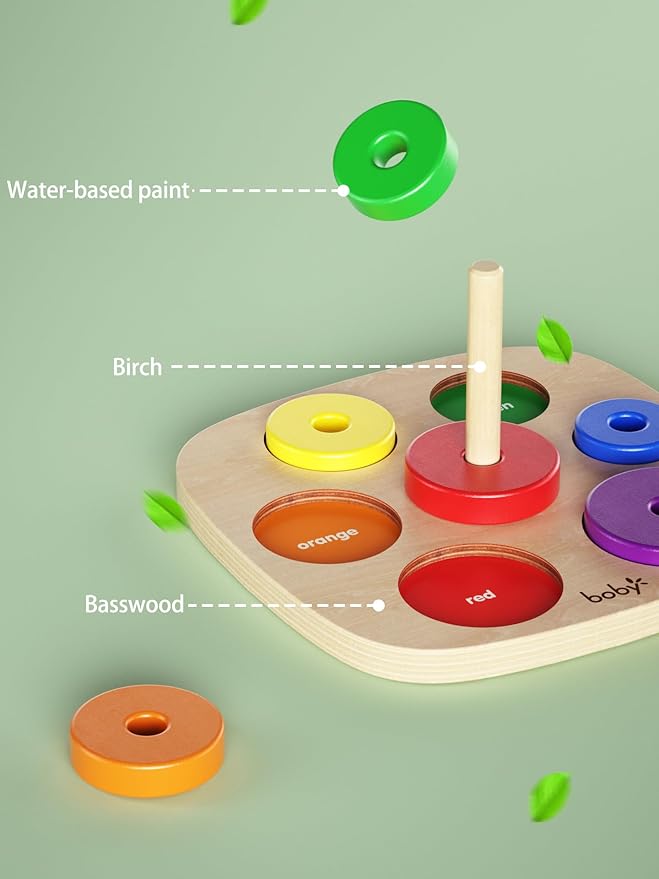 Dailyfunn Montessori Toys Wooden Rainbow Ring Stacker Color Size Learning Sorting Stacking Toy for Toddlers 1-3 Years Old