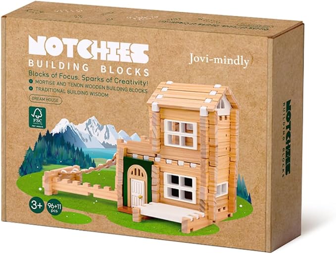 Jovi-mindly＆Notchies 107 Pcs Wooden Blocks Toys with Door and Windows,Classic Old Fashioned Toys,Wooden Building Blocks for Kids Ages 4-8 Boys and Girls,FSC Certified,Halloween Gifts
