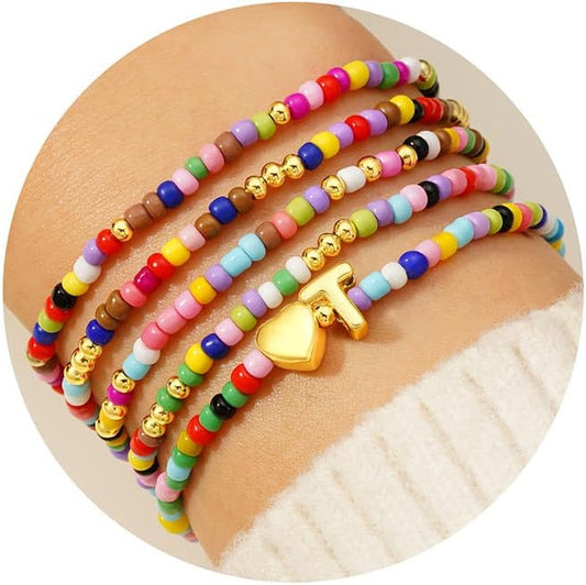 M MOOHAM 5PCS Colorful Beaded Initial Bracelets for Girls Women - Cute Stretch Heart Letter Beaded Bracelet Bohemian Initial Stackable Bracelet Birthday Gift Jewelry for Kids Teen Girl