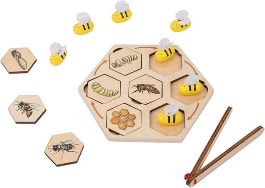 Montessori Wooden Bee Life Cycle Puzzle for Kids 3-6 | Learn Hive Roles: Queen,Worker,Drone | Realistic Insect Puzzle with Tray & Clamp | Preschool Fine Motor Science Toy for Classroom & Homeschool