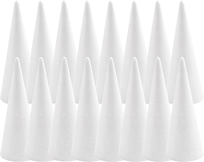 Crafjie Foam Cones for DIY Arts and Crafts (3.75 x 9.7 in, 16 Pack), White Polystyrene Foam Cones Christmas Tree Craft Supplies, for DIY Home Craft Project, Christmas Tree, Table Centerpiece