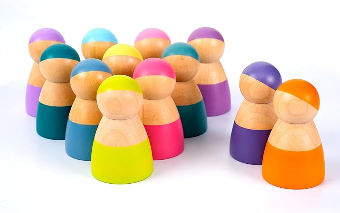 Rainbow Peg Dolls for Toddlers, 12 PCS Wooden Peg People Toys with Rainbow Stacking, Preschool Educational Toys