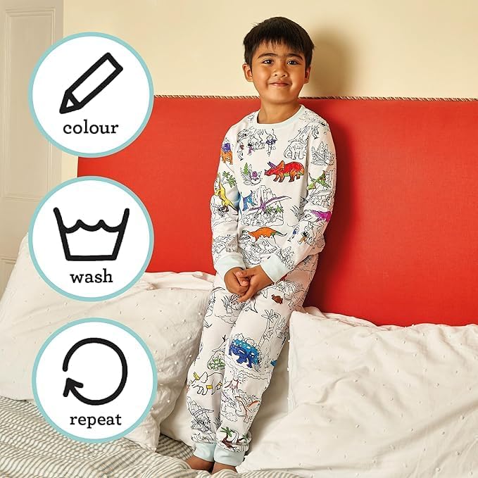eatsleepdoodle coloring pajamas for boys and girls, with 10 washable markers, Kids Colorable Pajama 100% cotton