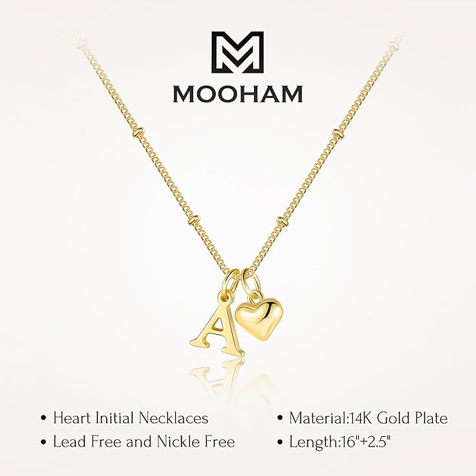 M MOOHAM Heart Initial Necklace for Women Girls - 14K Gold Plated Letter A-Z Pendant Necklace Dainty Heart Necklaces Tiny Initial Necklaces Birthday Gifts for Women Jewelry