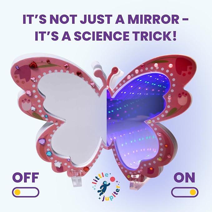 DIY Butterfly Space Mirror Light - 2 in 1 Mirror & Space Tunnel Effect with LED Lamps - Perfect Science Kids Arts and Craft Activity Kit for Girls 7-12 Years Old - Foam Craft with Gem Art Decorations