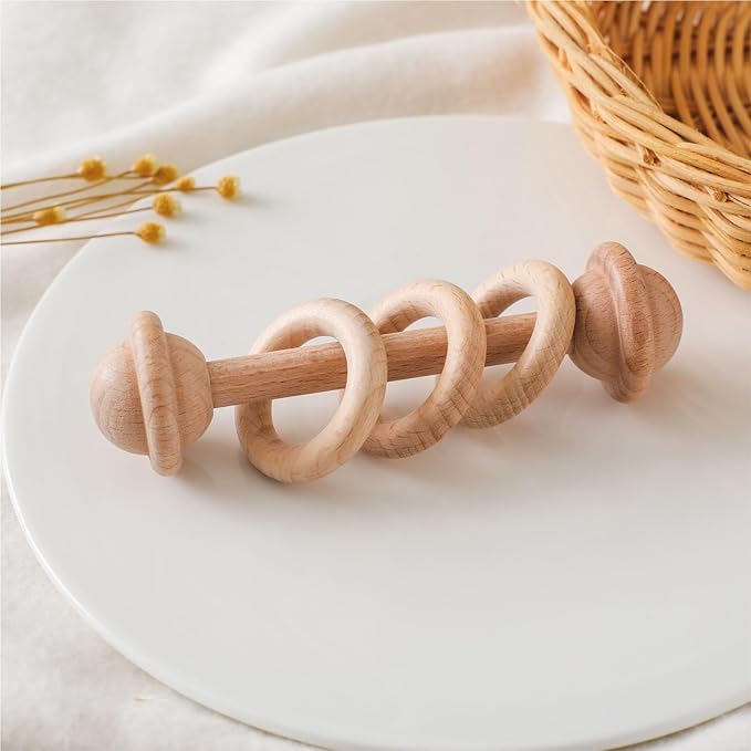Wooden Baby Rattle, Newborn Wooden Rattle Toy, Natural Wooden Montessori Baby Grip 3 Ring Toy, Baby Gift Toy, Wood Rattle-2