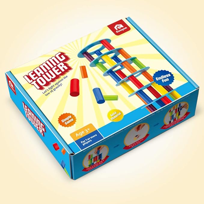 Coogam Wooden Tower Stacking Game, Fine Motor Skill Montessori Building Blocks with Dice Toppling Leaning Tower Toy Party Family Games for Kids and Adults