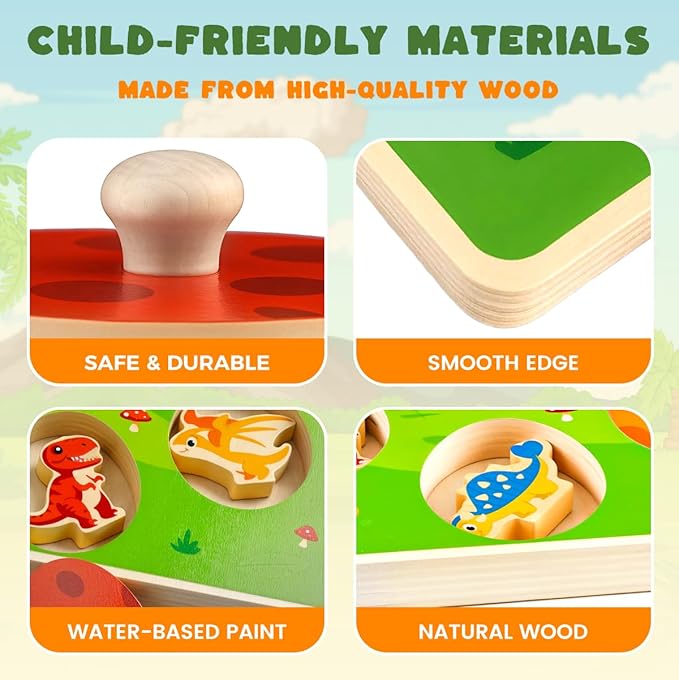 3 otters Wooden Peg Puzzles for Toddlers, Montessori Toys Dinosaur Learning Toys for Family Entertainment Education Birthday Gifts