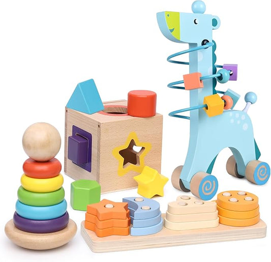 Wooden Montessori Toys for 1 Year Old, 4-in-1 Educational Sensory and Baby Learning Toys for Toddlers Aged 1-3, Boy and Girl's Best Gifts for Birthday (Blue)