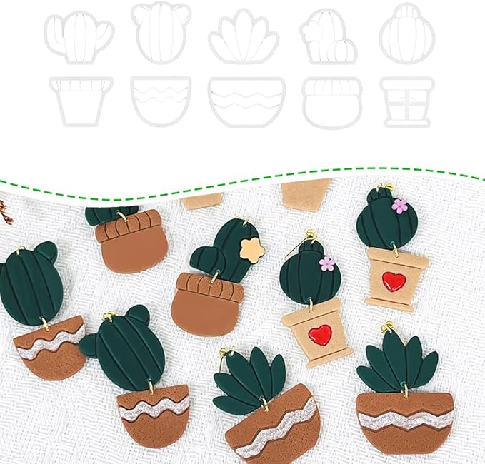 Cactus Polymer Clay Cutters – 10 Pcs Plant and Pot Clay Cutters Set for Earrings and DIY Crafts, Polymer Clay Tools for Jewelry Making