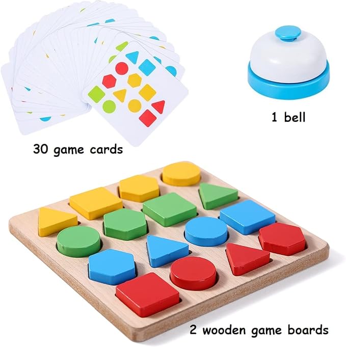 Wooden Puzzles Shape Color Matching Board Games Preschool Educational Montessori Toys for Kids 3 4 5 6 Years Old Boys Girls Brain Teaser Puzzle Logic Game with Bell Cards