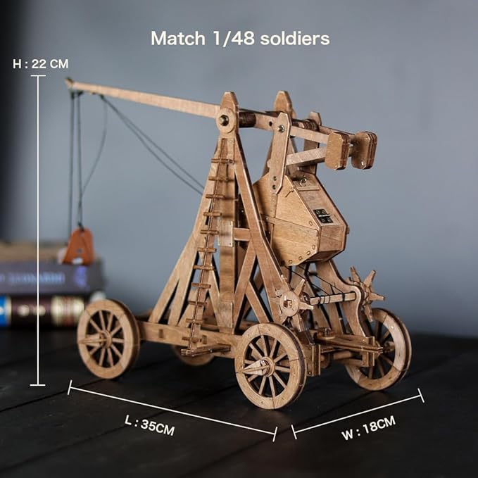 YAQUMW The Mini Counterweight Trebuchet with Four Wheels Europe Medieval Siege Weapon DIY 3D Wooden Puzzle Mechanical Model Kits STEM Projects Tabletop Toys