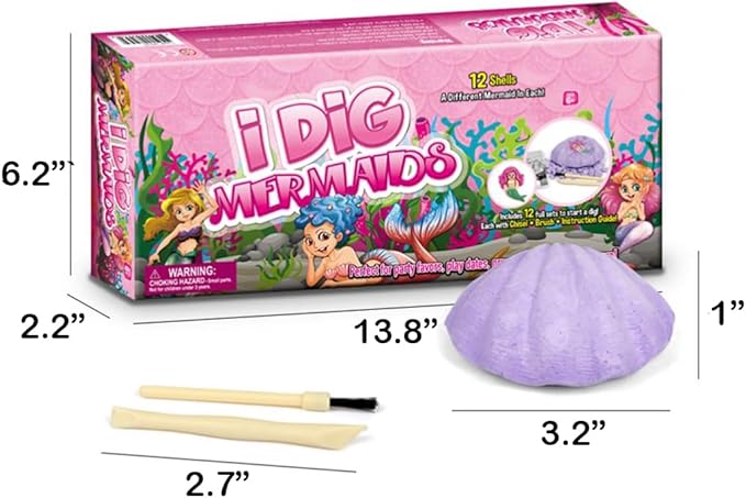 12-Pack Mermaid Discovery Set for Kids - Exciting Seashell Digging Adventure - Educational Princess Collection of Mystical Sea Life