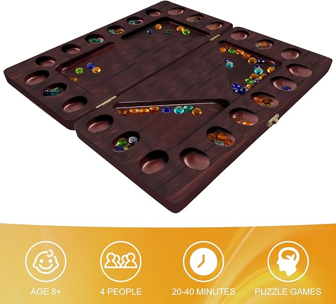 4-Player Mancala Board Game, Foldable Solid Wood with 110 Multi-Coloured Glass Beads, Instruction Manual, Non-Slip Mat,Suitable for Family Party Travelling Adults Puzzle Interactive Game.