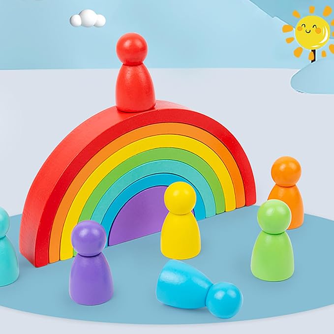 Wooden Rainbow Stacking Toy, Wood Peg Dolls Stacker Arch Game, Montessori Arch Bridge Rainbow Building Blocks, Colorful Stacking Blocks Puzzles for Kids 2 3 4 5 Years Old, Rainbow Decor Toys