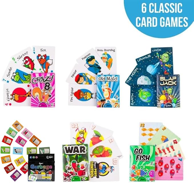 Regal Games Card Games for Kids - Go Fish, Crazy 8's, Old Maid, Slap Jack, Garbage Monsters, War - Simple & Fun Classic Family Table Game Sets (6 x 6)