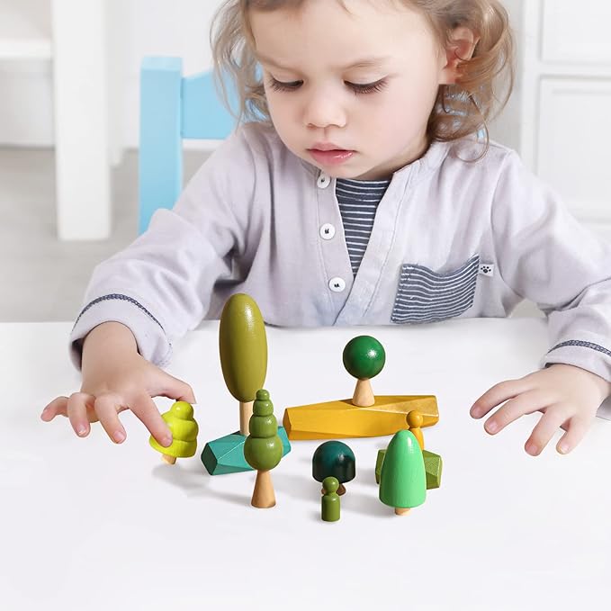 Wooden Tree Toy with Stacking Blocks for Toddlers Wood Peg Dolls and Balancing Stones for Home Decrocation Wooden Montessori Toys for Boys Girls Mini Trees Ornaments for Home Decor Accessories