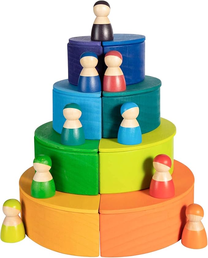 Rainbow Peg Dolls for Toddlers, 12 PCS Wooden Peg People Toys, Wooden People Pretend Play with Rainbow Stacking Toy, Preschool Wood Rainbow Friend Educational Toys