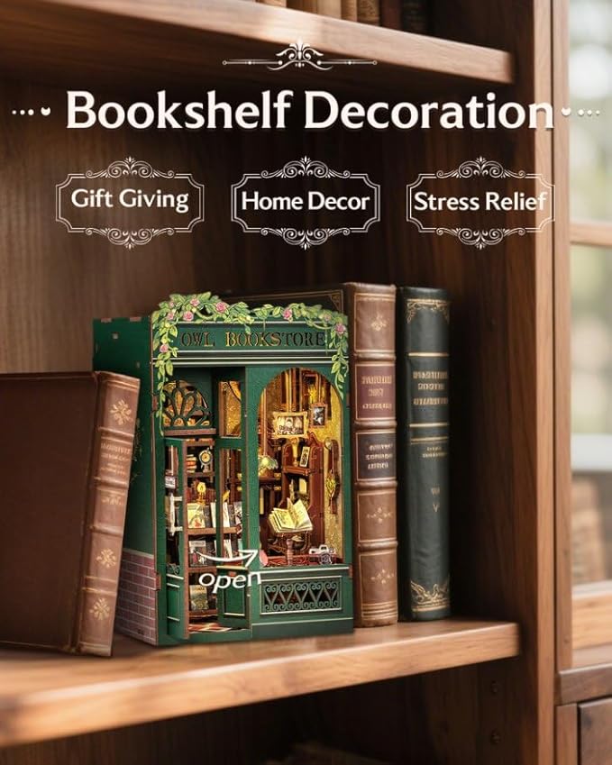 CUTEBEE Book Nook Kit, DIY Miniature House Kits for Adult and Teens, Dollhouse Mini Booknook House Bookshelf Decor, DIY Craft Gifts for Family and Friends（Owl Bookstore）