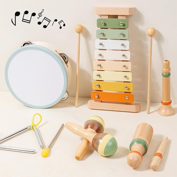 Toddler Musical Instruments Set - Neutral Colors Wooden Montessori Toys Percussion Instruments Musical Toys with Modern Boho Xylophone Tambourine for Kids Preschool Educational 3+ Birthday Gifts