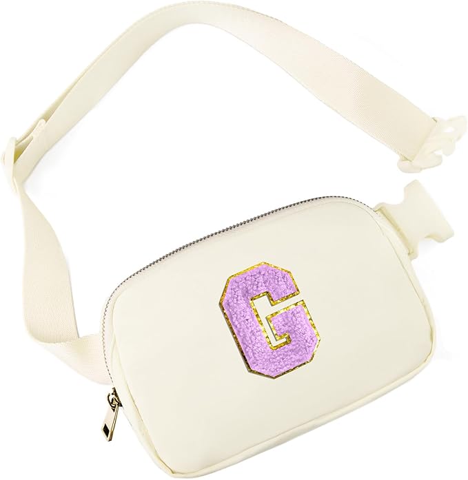 Gitus Gifts for 8 9 10 11 12 Year Old Girls Belt Bag Fanny Pack Crossbody Bags with Initial Letter Patch Cute Stuff Birthday Gifts for Teen Girls Women Personalized Trend Stuff (Ivory-G)