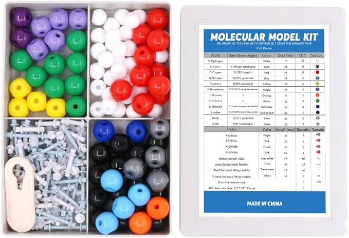 Swpeet 252 Pcs Molecular Model Kit for Inorganic & Organic Molecular Model Teacher and Student Kit - 86 Atoms & 153 Links & 12 Orbitals & 1 Short Link Remover Tool
