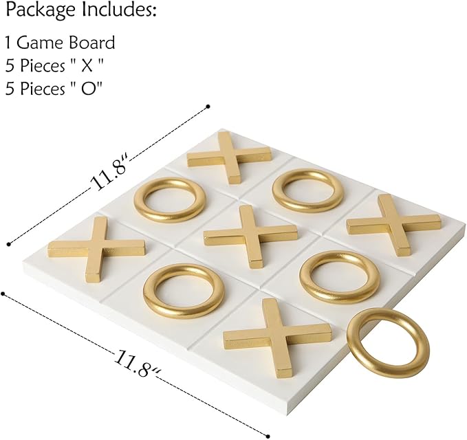 NIKKY HOME 12x12 Inch Tic Tac Toe Wood Game Board Classic Coffee Table Decor Modern Wooden Travel Game for Family, White & Gold