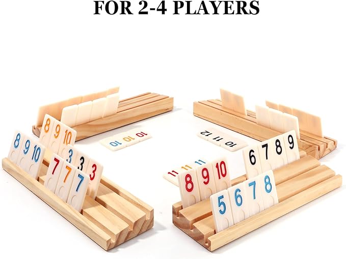 Upgraded 2-4 Players Rummy Cube Board Game Set with 4 Wooden Racks, 106 Tiles, Portable Case, Drawstring Bag and Dice, for Adults Friends Night Gifts Travel Party Sharpens Brain