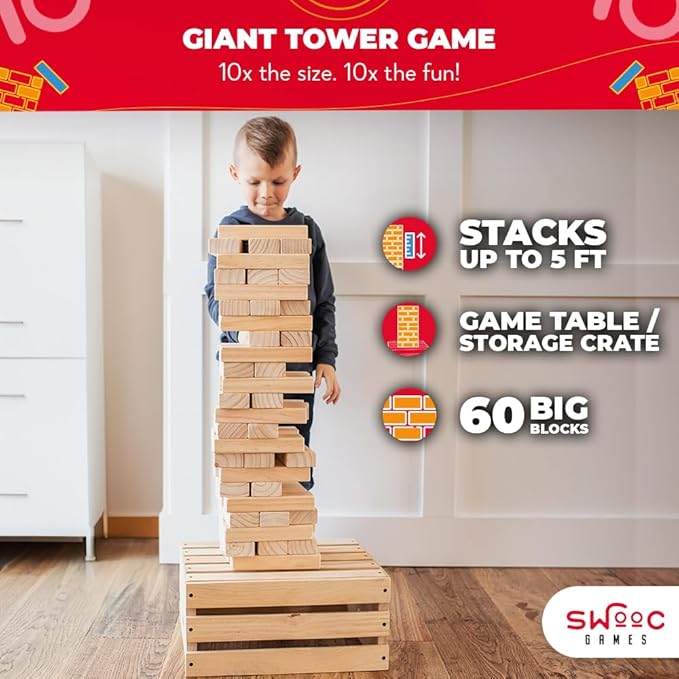 SWOOC Games - Premium Giant Tower Game | 60 Blocks + Storage Crate/Outdoor Table | Stacks up to 5ft | Jumbo Yard Games for Adults and Family | Giant Outdoor Set | Big Backyard Fun | Large Lawn Size