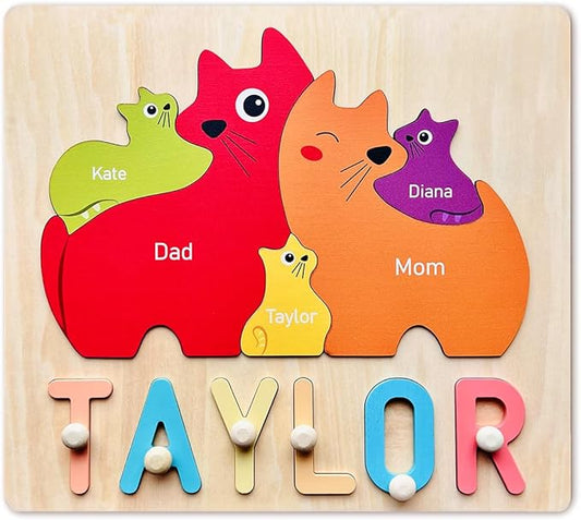 Personalized Baby Name Puzzle | Custom Wooden Baby Toy for Toddlers 1-3 | Montessori Learning Toys for Boys & Girls | Perfect Kids Gift for First Birthdays & Christmas (Cats)