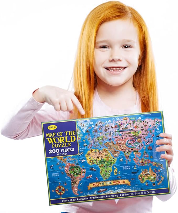 200 Pieces World Map Jigsaw Puzzle for Kids Ages 4-8, Environmental Recyclable Cardboard, Portable, Hand-Eye Coordination, Spark Educational Conversations