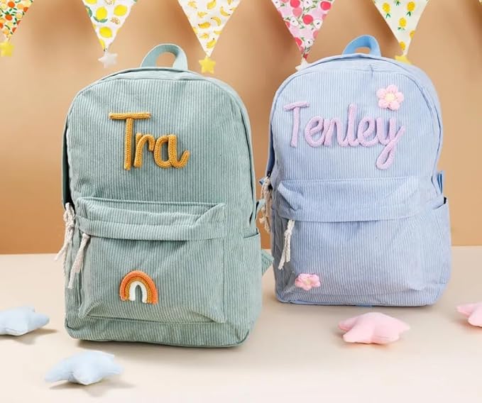 Personalized Corduroy Backpack, Custom School Bag with Embroidered Name, Customize Monogram Book Bag Back to School Gifts for Toddlers and Kids