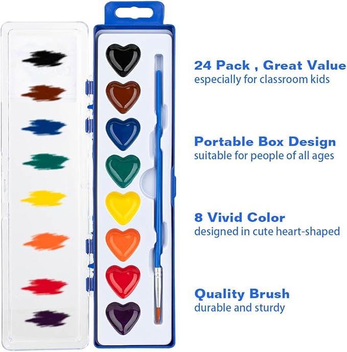 ARTLYMERS 24 Pack Watercolor Paint Set Kids, 8 Washable Heart Shaped Water Colors Paint Sets with Paintbrush for Children, Art Supplies for Preschool Classroom Party Favor Valentines Gifts