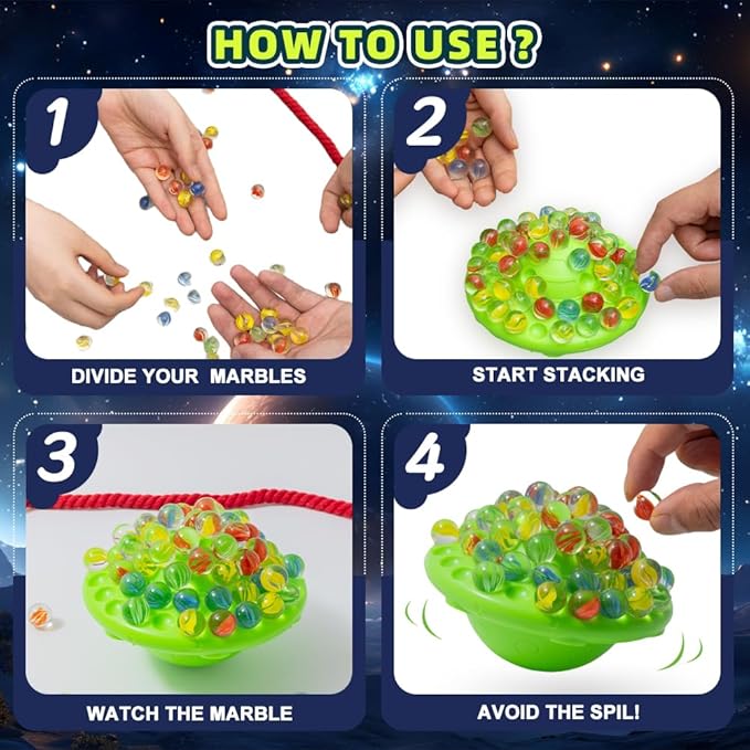 Marble Balancing Game for 1-4 Players with 60 Colorful Marbles & UFO Design - Built-in Storage Family Challenge, Fun Stacking Party Game for Kids Adults Ages 8-12, Perfect Holiday Birthday Gift