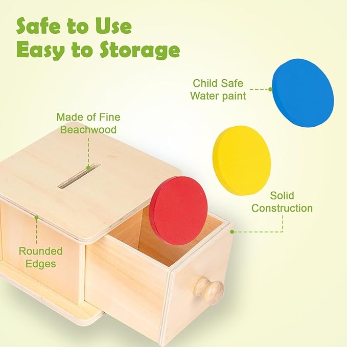 Adena Montessori Coin Box,Object Permanence Box Toys for 1 Year Old Baby Coins,Wooden Montessori Ball Drop Developmental Toys for 6-12 Month Infant,Learning Kids Gifts(Typical Drawer Comes Out)