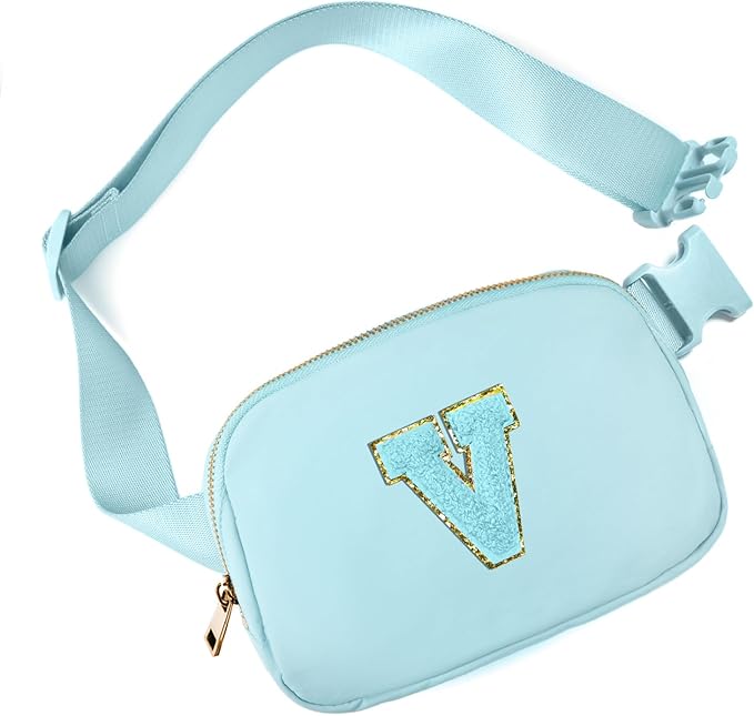 Gitus Gifts for 8 9 10 11 12 Year Old Girls Belt Bag Fanny Pack Crossbody Bags with Initial Letter Patch Cute Stuff Birthday Gifts for Teen Girls Women Personalized Trend Stuff (Icing Blue-V)