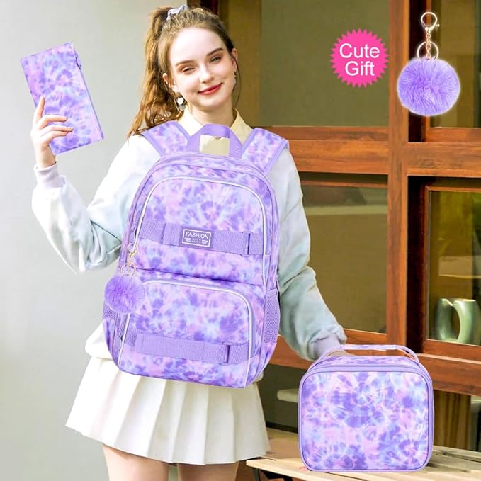 UFNDC Backpack for Girls, 17.5" Water Resistant Cat Galaxy Tie-Dye School Backpacks, Teens Bookbag for Women College Middle