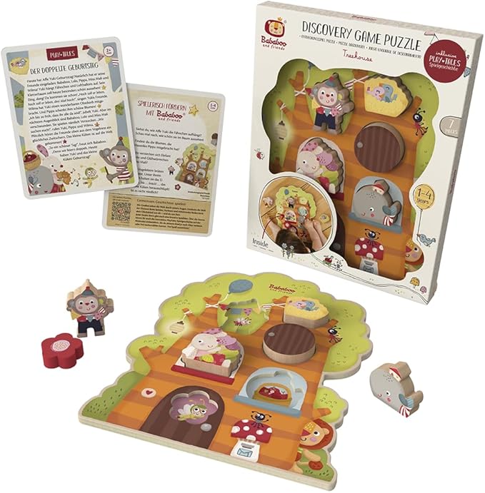 Treehouse Discovery Game Puzzle | 12+ Months | Size 11" x 9" x 3/4" | Shape Relationship Understanding | 6 Piece Puzzle | Playtales Included | Wood Toys Collection |