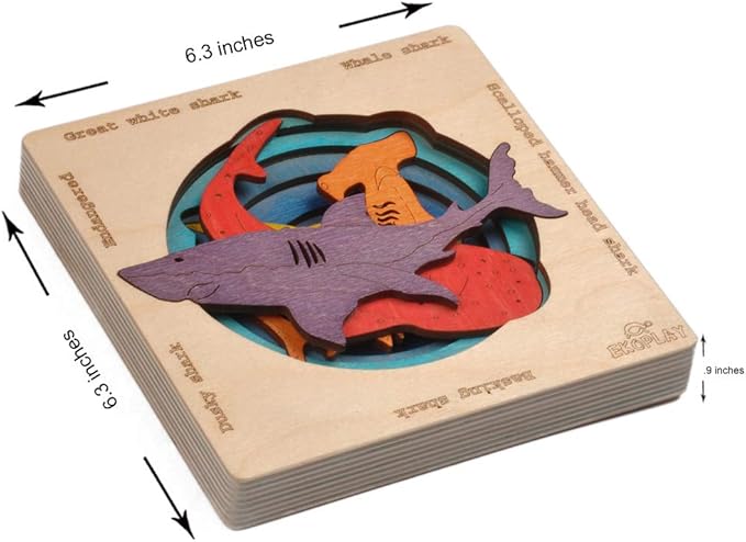 Endangered Sharks | Multilayered Wooden Jigsaw Puzzles for Kids | Hammerhead, Great White, Whale, Dusky, Basking | Learning Toy & Gift for Boys Girls Ages 3 Years and Above