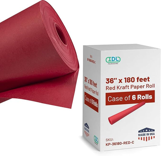 Red Kraft Paper Roll 36" x 2160" (180 feet), Pack of 6 - Craft Paper Roll 45 lb Thickness - Red Paper for Gift Wrapping&Moving - Rolls of Paper for School - Art Paper Roll for Kids by IDL Packaging