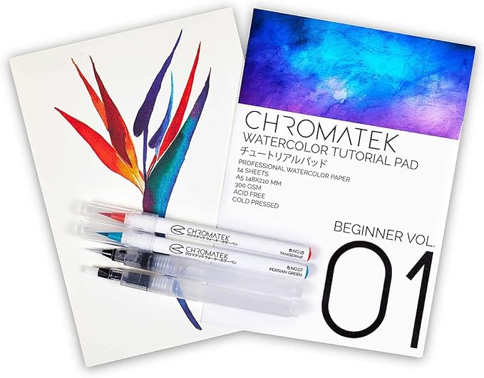 CHROMATEK 30 Watercolor Brush Pens - 15 Page Tutorial Pad and Online Video Series - Real Brush Tip, Vivid, Blendable - Professional Artist Quality - 27 Colors - 3 Aquapens