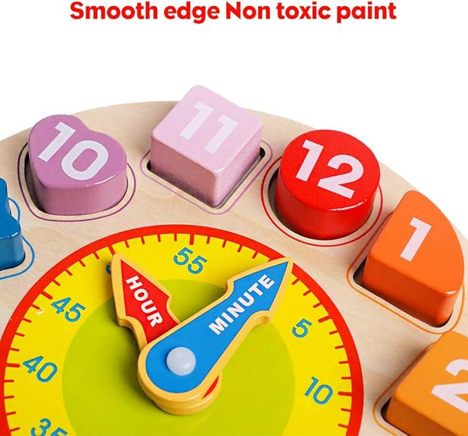 Skrtuan Wooden Sorting Clock Toy for Toddlers 3-5 Years Old, Montessori Early Learning Toy for Teaching Time, Numbers, Shapes & Colors, Educational Gift for Baby Kids