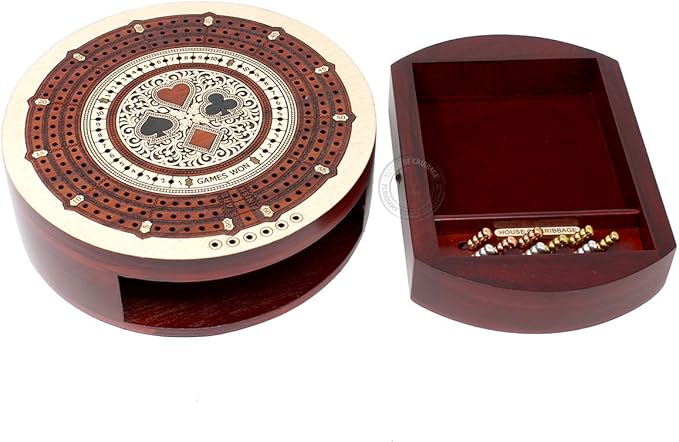 House of Cribbage - Round Shape 3 Track Non-Continuous Cribbage Board - Push Drawer Storage for Pegs and 1 Deck of Cards with Score Marking Fields for Won Games (Maple Wood/Bloodwood)