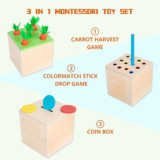 Wooden Montessori Toys for 1 2 3 Year Old Baby Gifts,Play Kit Box Includes Carrot Harvest Games, Montessori Coin Box for 6-12 Months and Fine Motor Skills Toys for 1 Year Old (3-in-1)